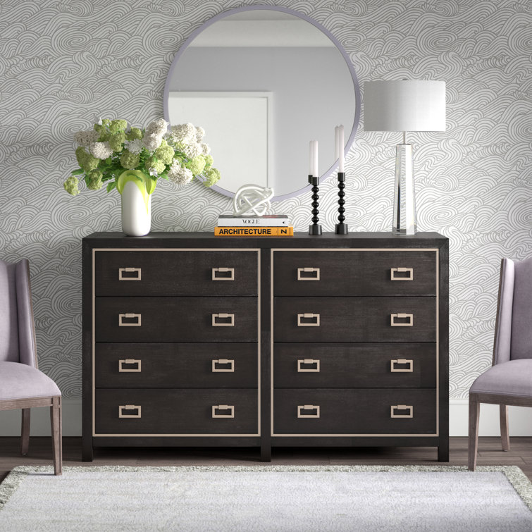 Transitional Cerused Mink 8-Drawer Double Dresser with Silver Mist Accents
