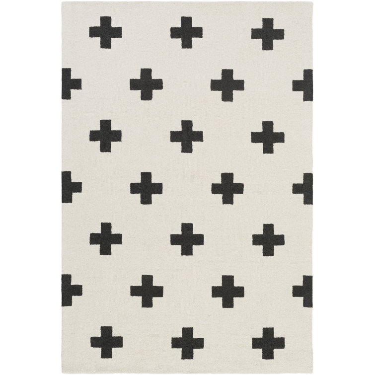 Handmade Black and Off-White Wool Geometric Tufted Rug