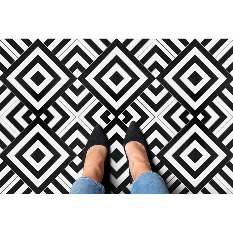 Geometric Black and White Self-Adhesive Vinyl Floor Tiles, 12" x 12", 20 Tiles