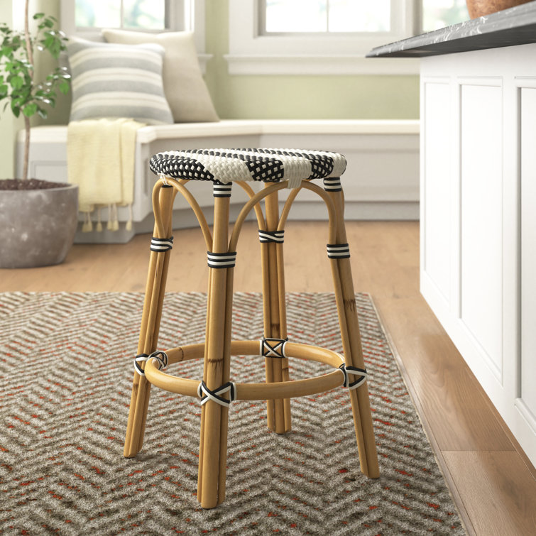 Coastal Boho Chic White & Black Dot Rattan Counter Stool