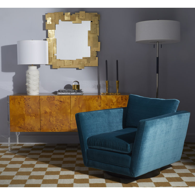 Luxurious Blue Velvet Swivel Armchair with Manufactured Wood Base