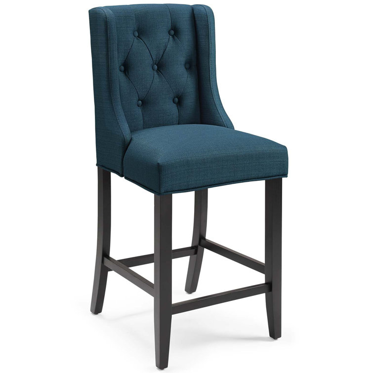 Azure Tufted Button Upholstered Fabric Counter Stool with Solid Wood Legs