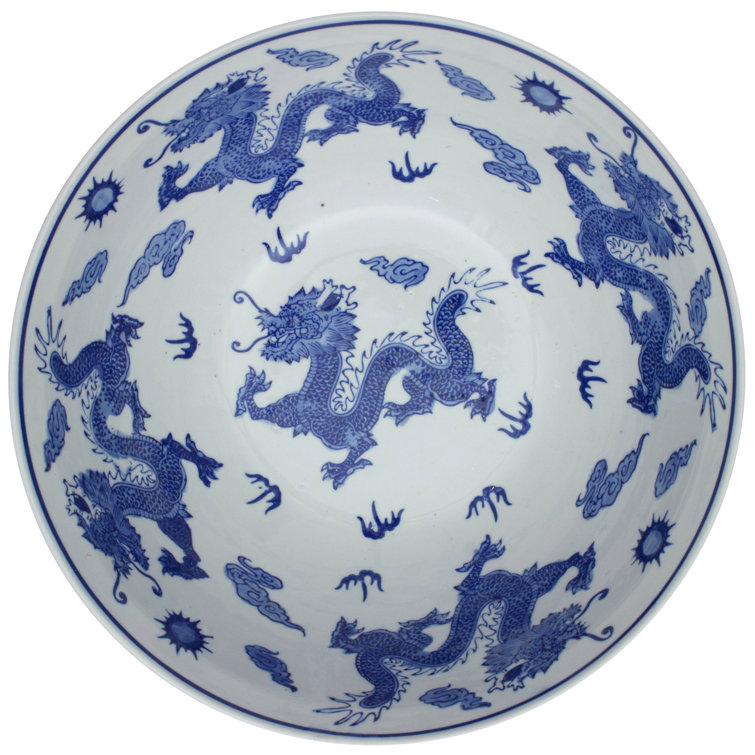 Elegant Dragon Blue & White Porcelain Decorative Bowl 14"