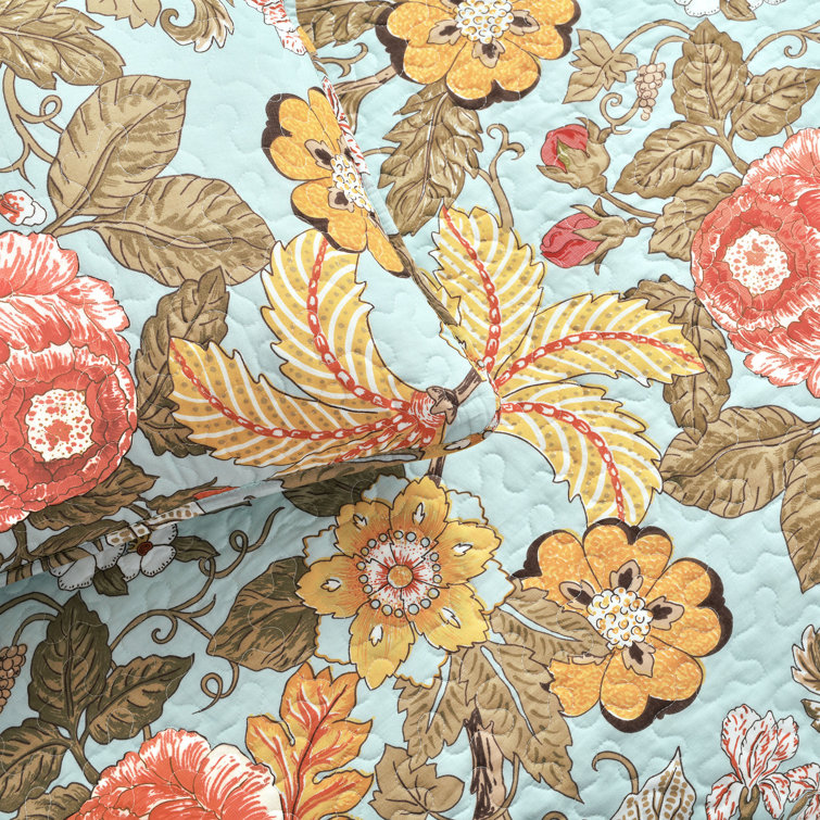 King Blue Green Cotton Reversible Floral Quilt Set