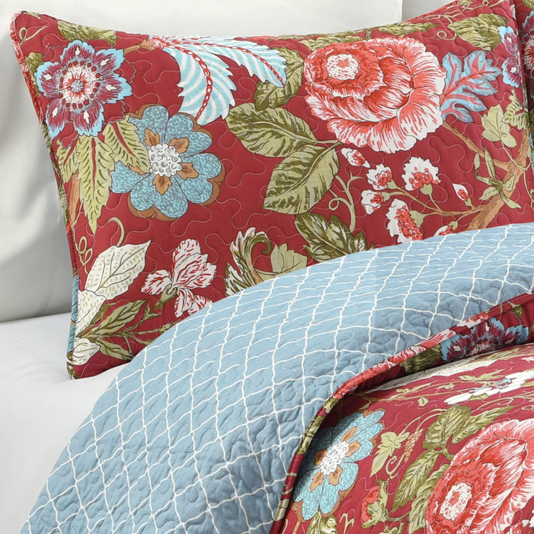King Blue Green Cotton Reversible Floral Quilt Set