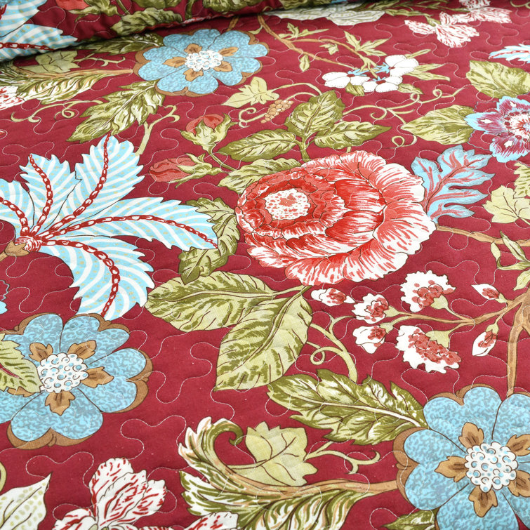 King Blue Green Cotton Reversible Floral Quilt Set