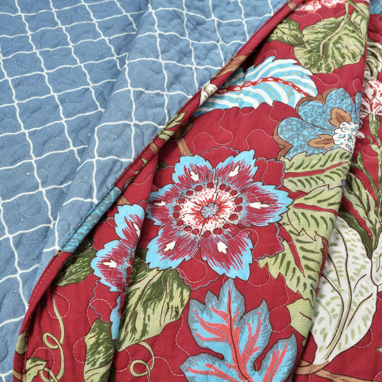 King Blue Green Cotton Reversible Floral Quilt Set