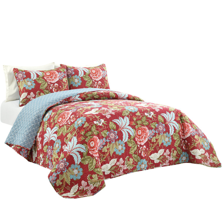 King Blue Green Cotton Reversible Floral Quilt Set