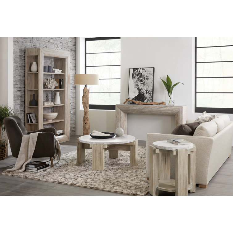 Gray Pecan Wood and Crema Marble Console Table with Storage