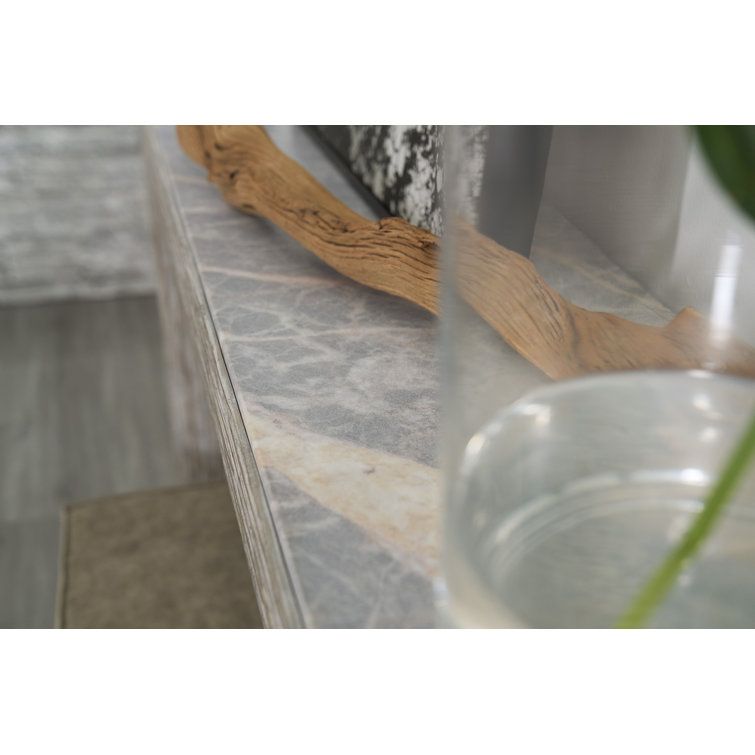 Gray Pecan Wood and Crema Marble Console Table with Storage