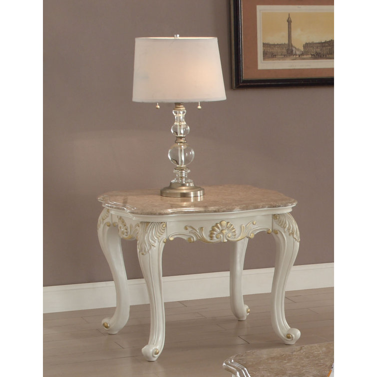 Pearl White and Gold Rectangular Wooden End Table with Marble Top and Storage