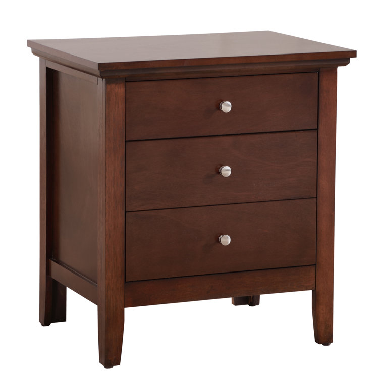Cappuccino Solid Wood 3-Drawer Nightstand with Nickel Handles