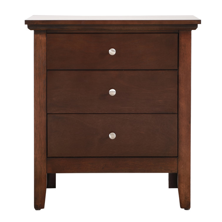 Cappuccino Solid Wood 3-Drawer Nightstand with Nickel Handles