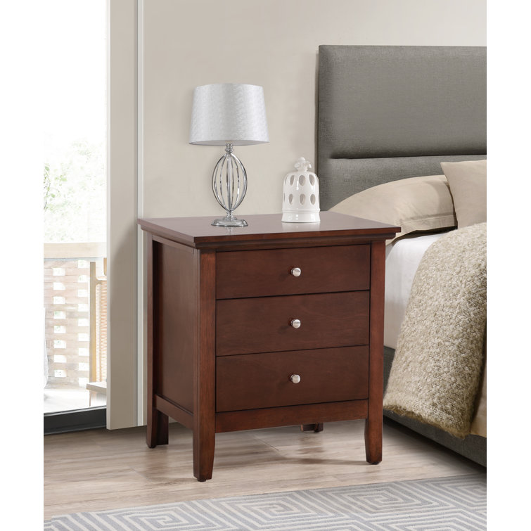 Cappuccino Solid Wood 3-Drawer Nightstand with Nickel Handles