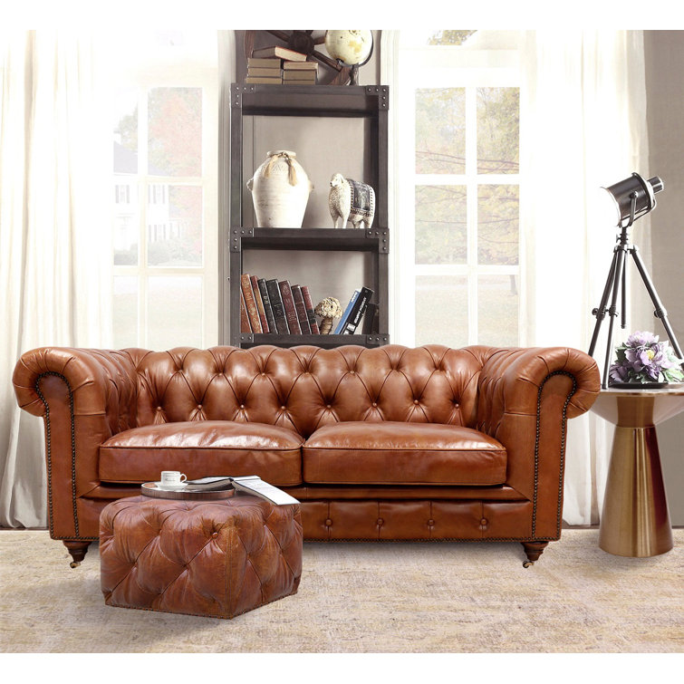 71.6'' Brown Genuine Leather Tufted Chesterfield Loveseat
