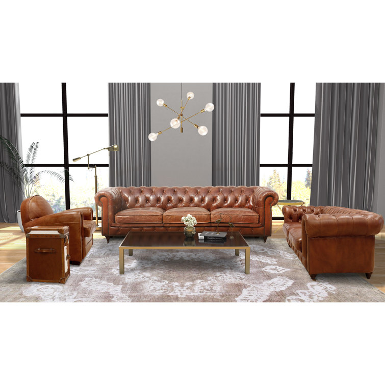 71.6'' Brown Genuine Leather Tufted Chesterfield Loveseat