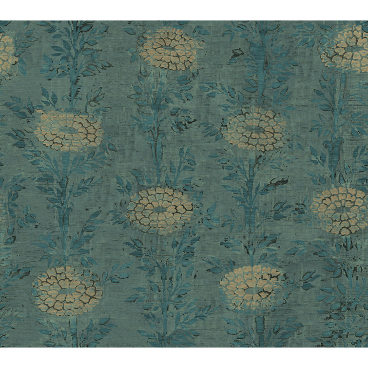 Teal and Gold Floral Nonwoven Removable Wallpaper Roll