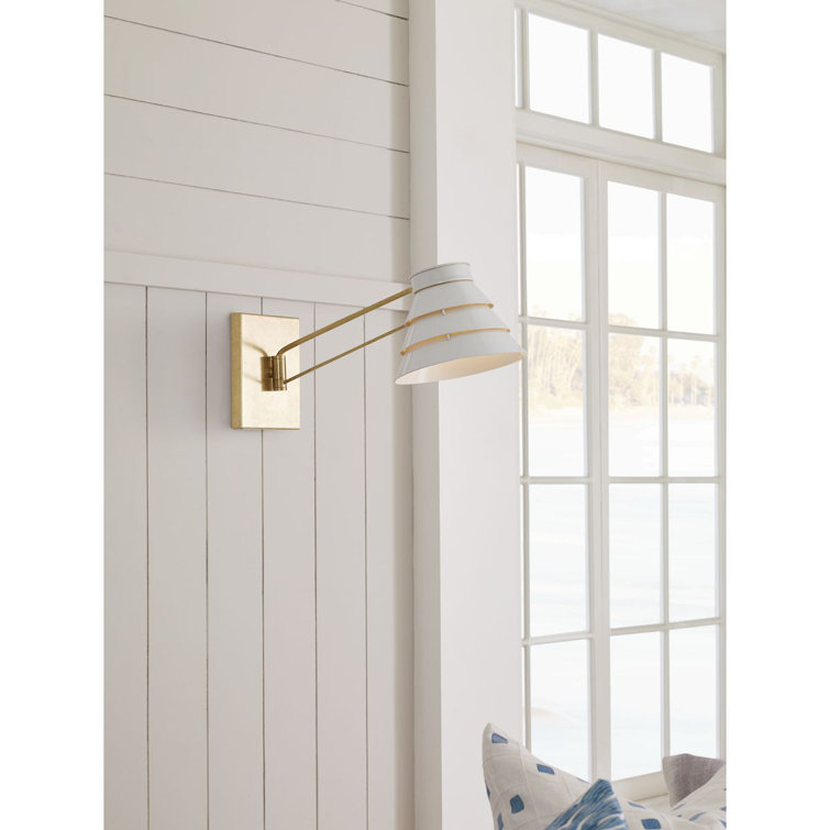 Sarah Steel Dimmable Swing Arm Sconce in Brushed Brass with Louvered White Shade