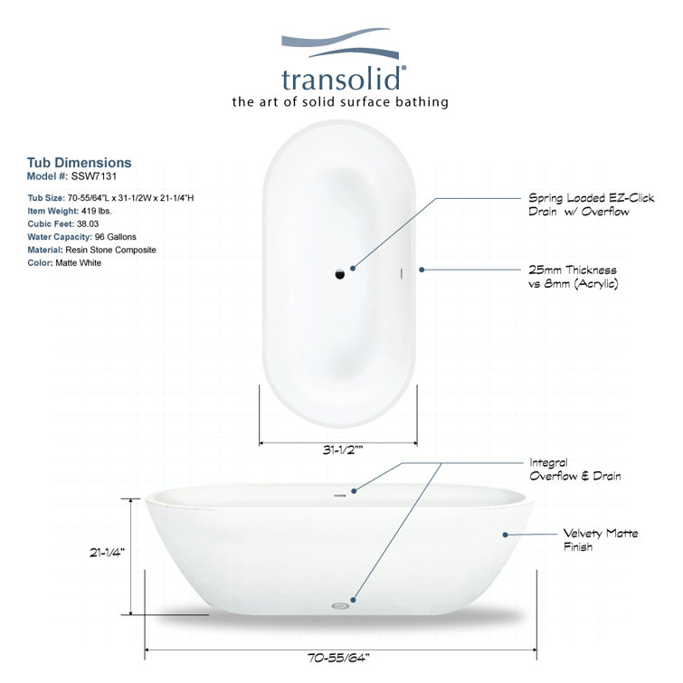 Sherwood 71'' White Acrylic Freestanding Soaking Bathtub