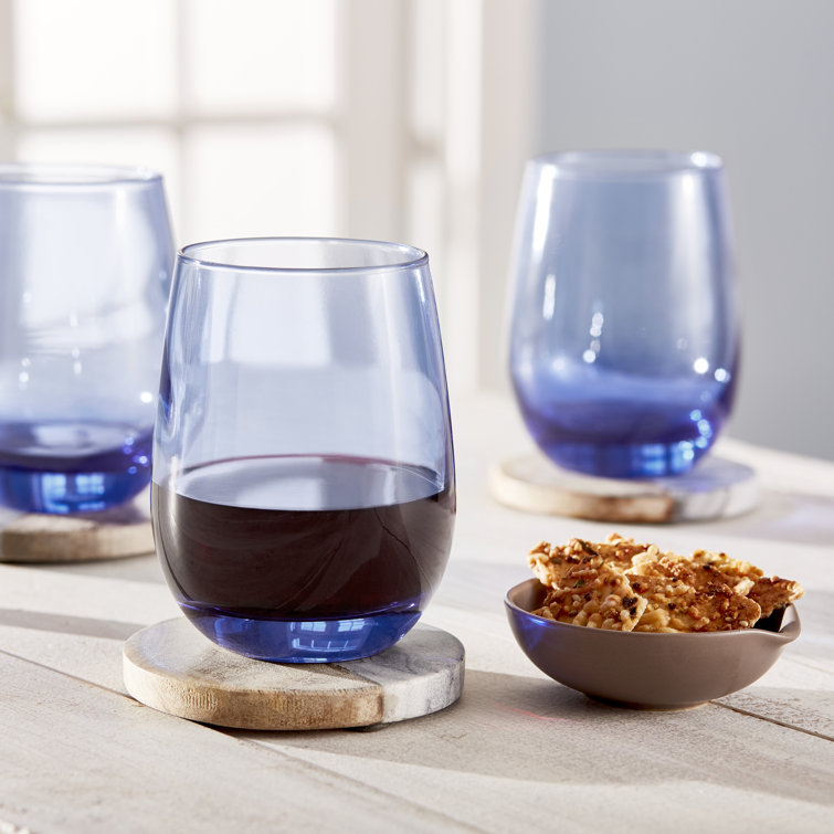 Classic Blue Stemless Wine Glass Set, Genuine Colored Glass, 6-Piece