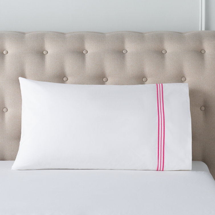 Standard White Cotton Pillowcase with Fuchsia Embroidery