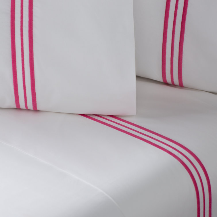 Standard White Cotton Pillowcase with Fuchsia Embroidery