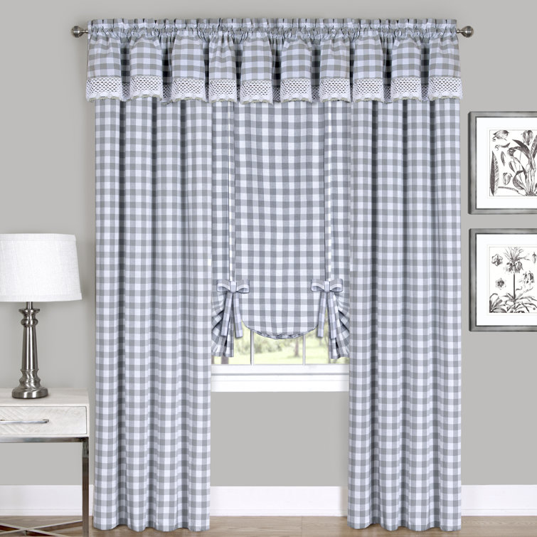 Gray Plaid Cotton Blend Rod Pocket Window Curtain Panel