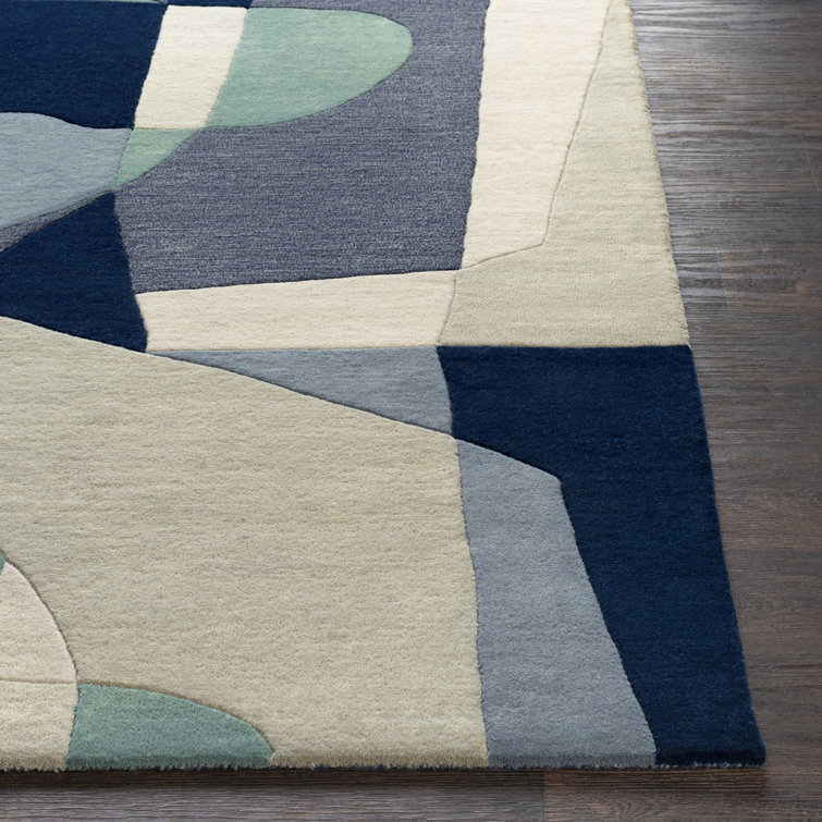 Teal and Navy Abstract Handmade Wool Rug, 5' x 8'