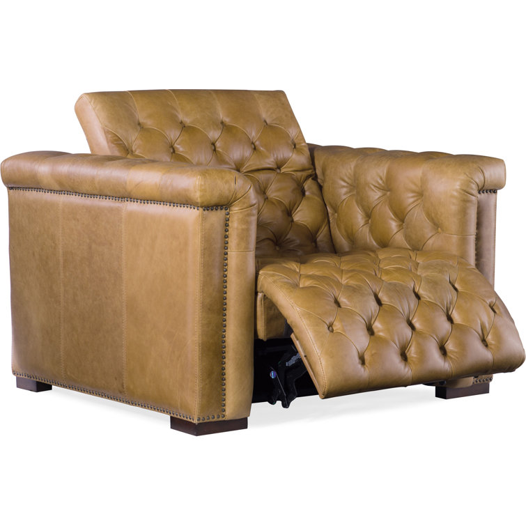 Saddlebag Coin Leather Recliner with Dark Wood Finish