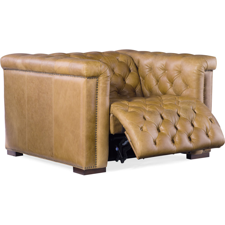 Saddlebag Coin Leather Recliner with Dark Wood Finish
