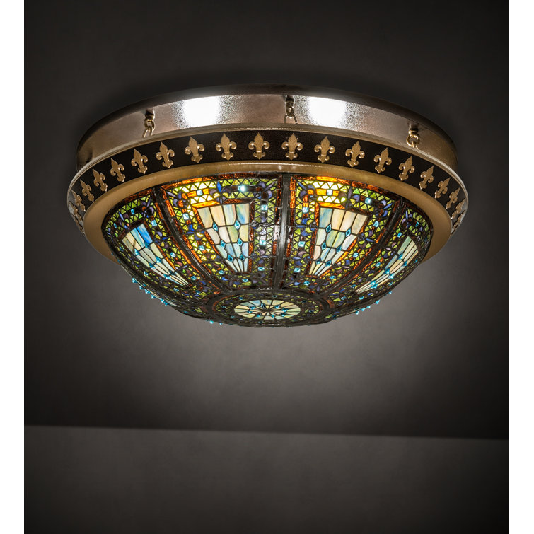 Fleur-de-lis Stained Glass and Copper 4-Light LED Flush Mount