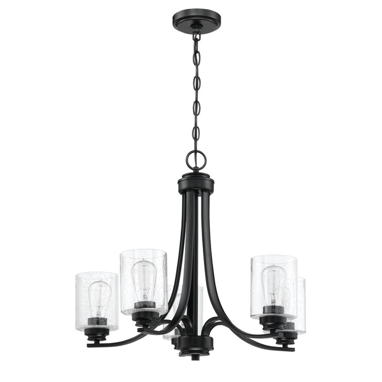Flat Black and Clear Seeded Glass 5-Light Chandelier