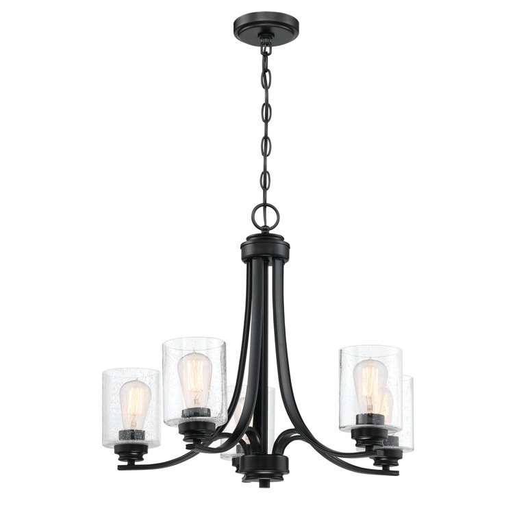 Flat Black and Clear Seeded Glass 5-Light Chandelier
