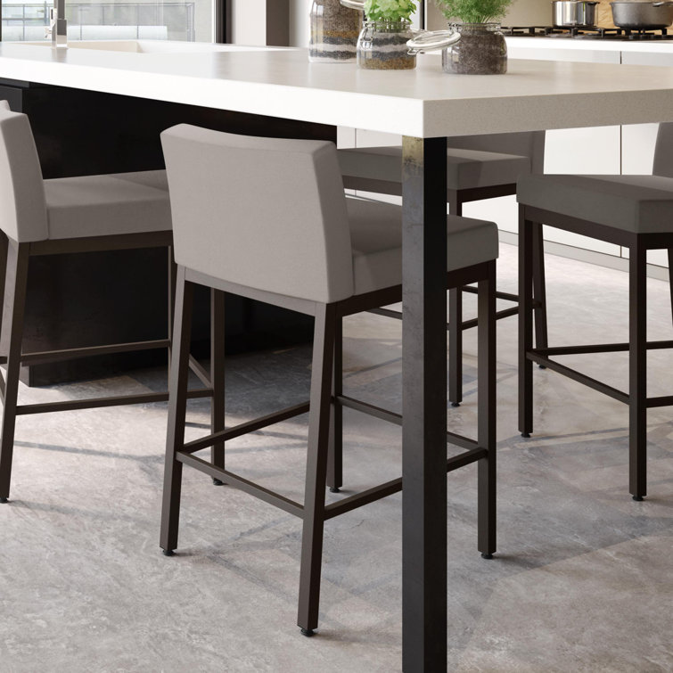 Taupe Gray Faux Leather Bar Stool with Dark Brown Metal Frame