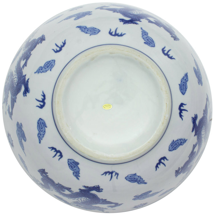 Elegant Dragon Blue & White Porcelain Decorative Bowl 14"