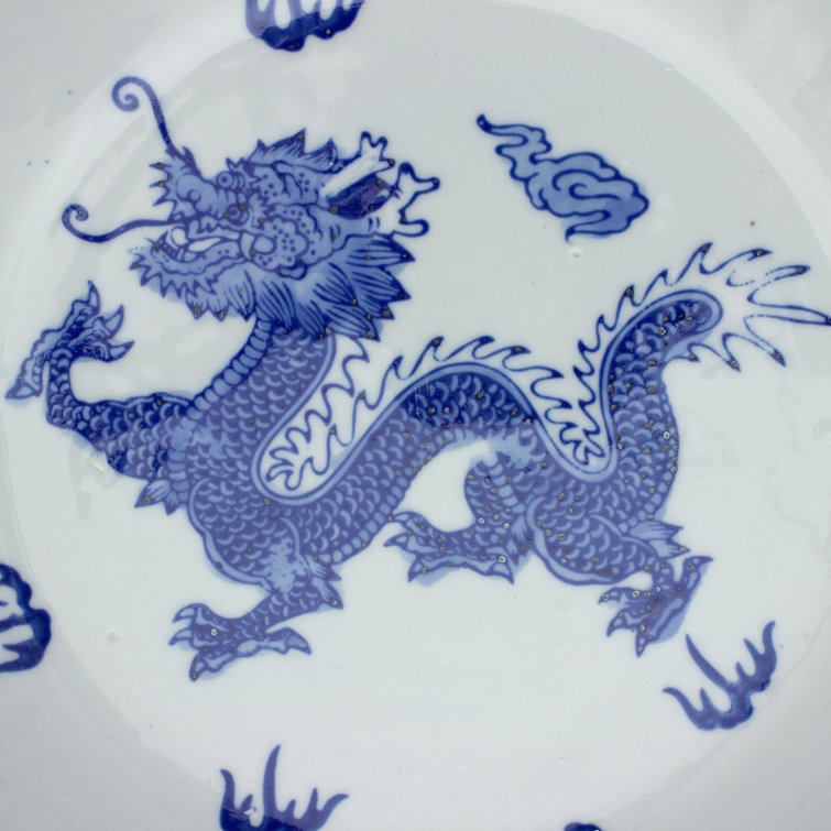 Elegant Dragon Blue & White Porcelain Decorative Bowl 14"