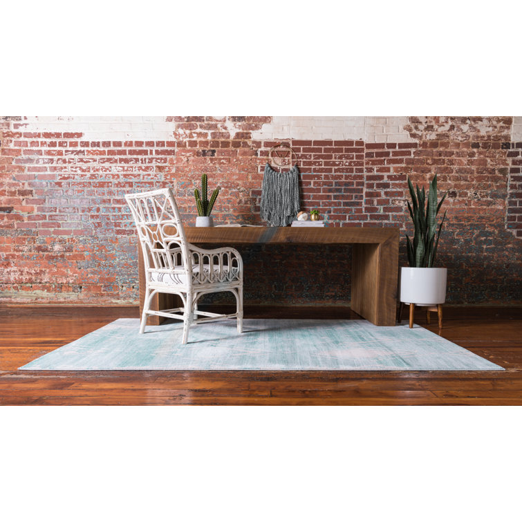 Turquoise and Ivory Rectangular Synthetic Indoor Rug, 5' x 8'