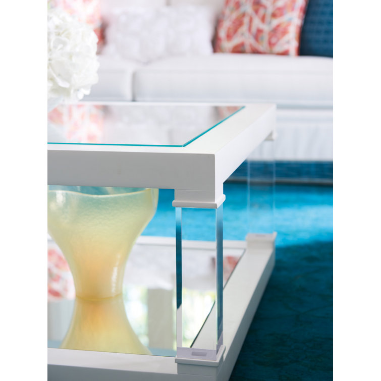White Rectangular Wood and Glass Outdoor Cocktail Table
