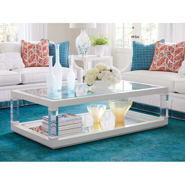 White Rectangular Wood and Glass Outdoor Cocktail Table