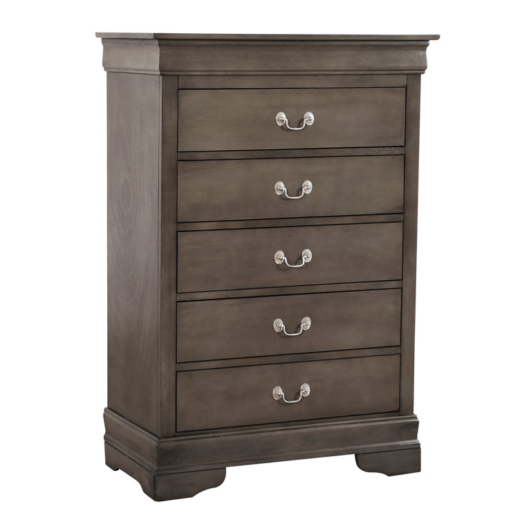 Transitional Gray 5-Drawer Chest with Metal Handles and Dovetail Drawers