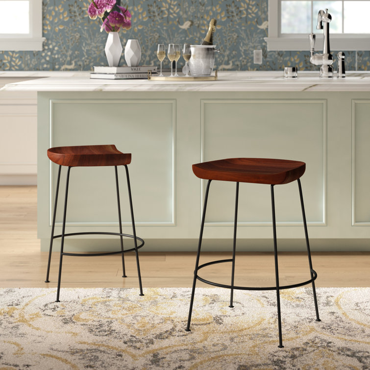 Chestnut Mango Wood and Black Iron Backless Counter Stools, Set of 2