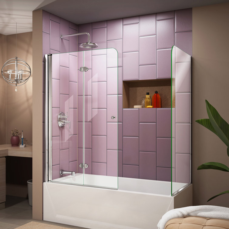 Aqua Fold Frameless Clear Glass Chrome Hinged Tub Door