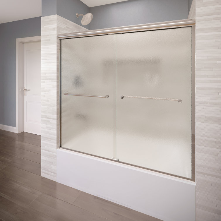 Infinity Brushed Nickel Semi-Frameless Sliding Tub Door with Obscure Glass