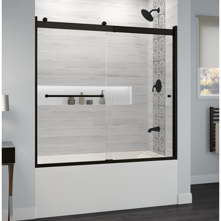 Rotolo Matte Black Semi-Frameless Sliding Tub Door with Clear Glass