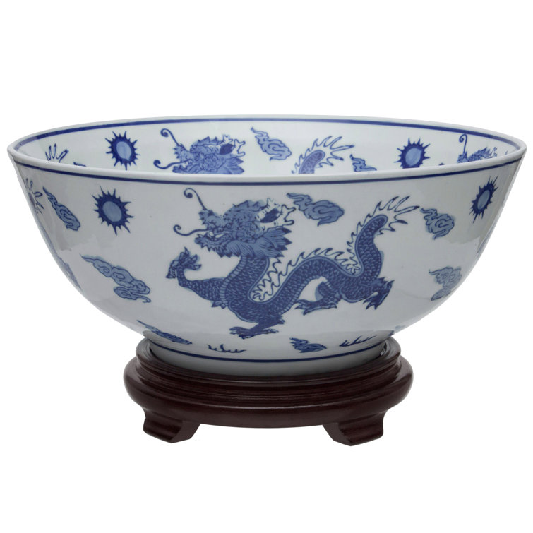 Elegant Dragon Blue & White Porcelain Decorative Bowl 14"