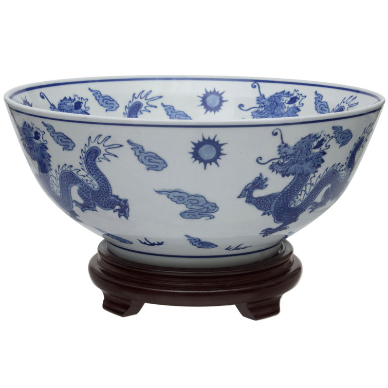 Elegant Dragon Blue & White Porcelain Decorative Bowl 14"
