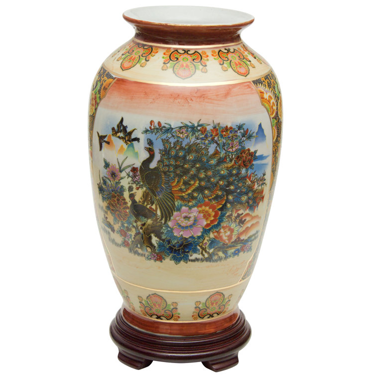 14" Multicolor Satsuma Peacock Porcelain Vase