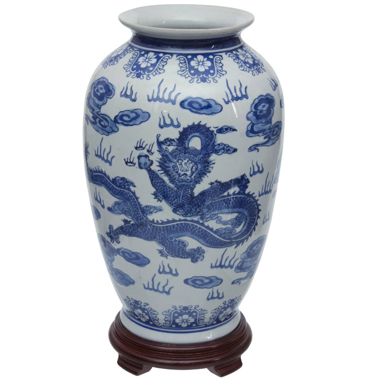 14" Blue and White Porcelain Dragon Vase
