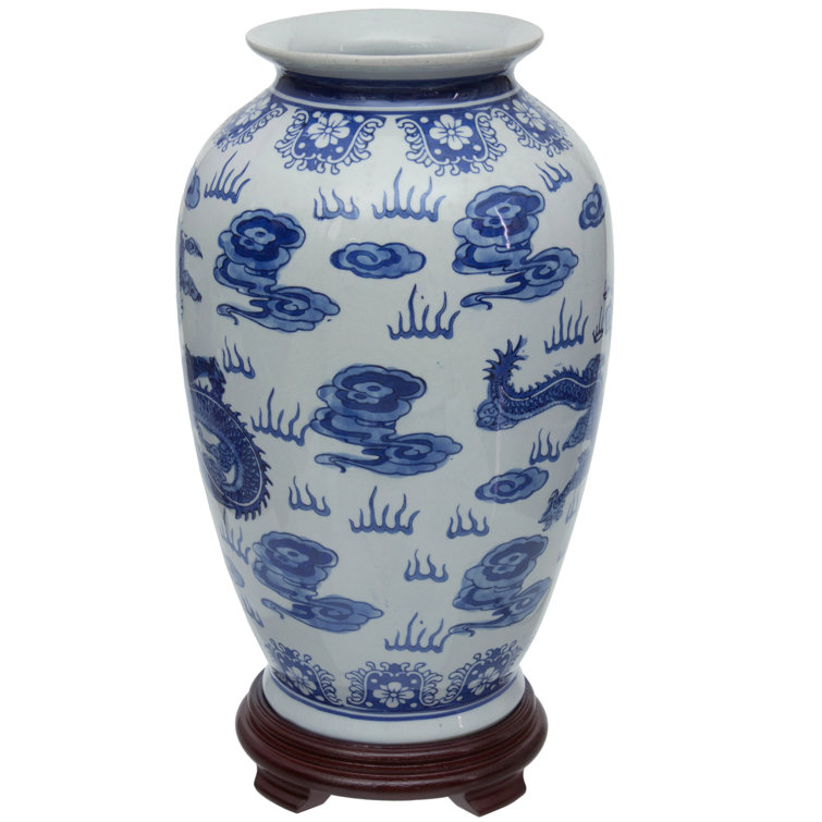 14" Blue and White Porcelain Dragon Vase