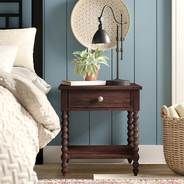 Morocco Brown Acacia Wood 1-Drawer Nightstand with Turned Legs